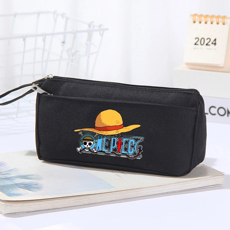 Astuccio per matite One Piece per ragazzi, a doppio strato, portatile, in tessuto Oxford, semplice, carino, con personaggi dei videogiochi, grande capacità, in tela, per bambini, anime