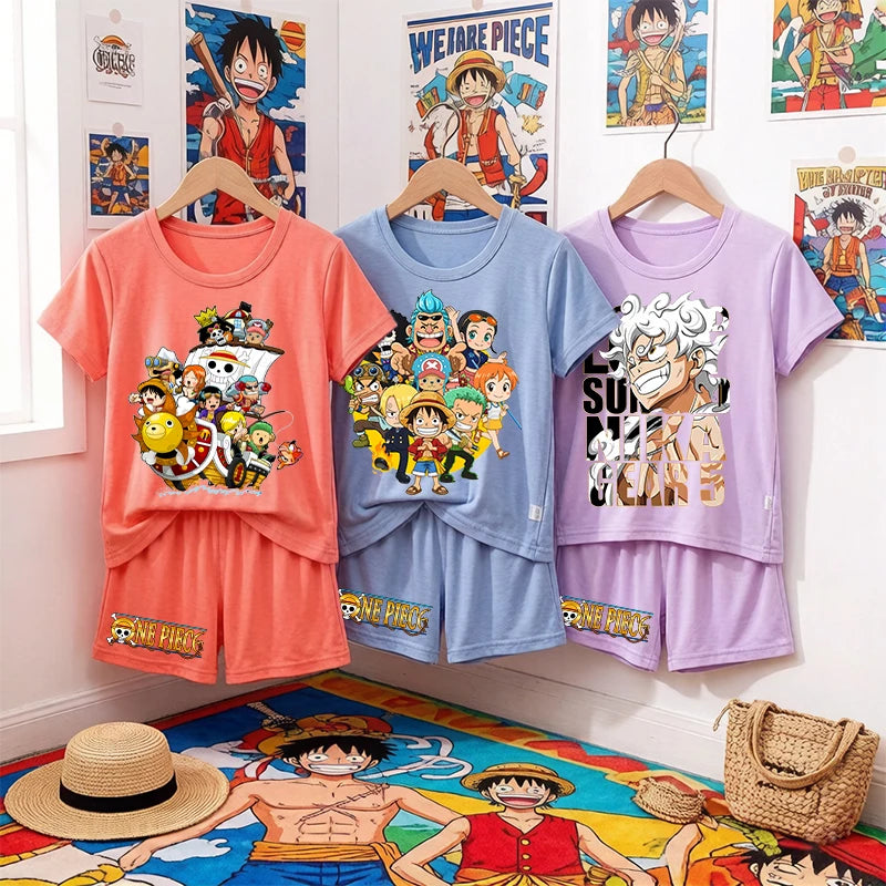 Pigiama con stampa anime di Zoro e Luffy, abbigliamento da notte sottile a maniche corte e pantaloncini per bambini