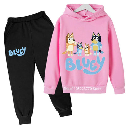 Trendy Kids Bluey Themed Hoodie Set Fun Anime Print Sweatshirt & Pants Comfortable Wear for Boys Girls Autumn Winter Days