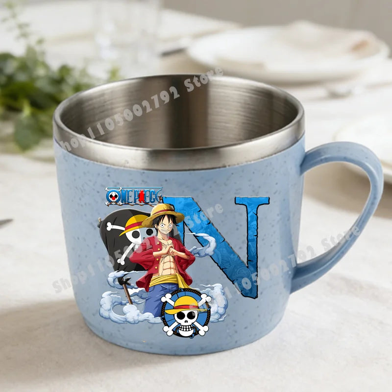 One Piece Double Layer Anti-scalding Stainless Steel Cups Kid Plastic Handle Coffee Milk Mug Luffy Water Cup Home Office Tumbler