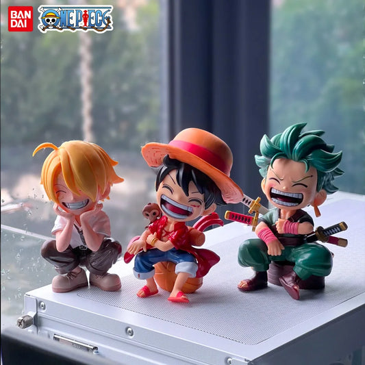 Bandai One Piece Series Figures – Luffy, Sanji, Zoro. Anime collectible model ornaments, perfect for desktop, car decoration and