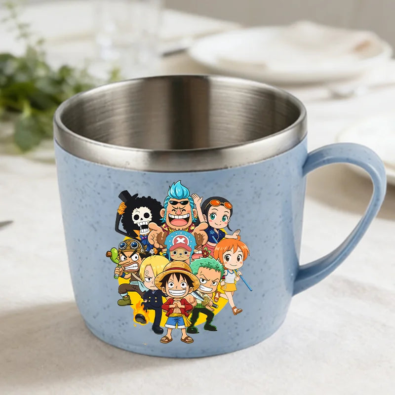 One Piece Double Layer Anti-scalding Stainless Steel Cups Kid Plastic Handle Coffee Milk Mug Luffy Water Cup Home Office Tumbler