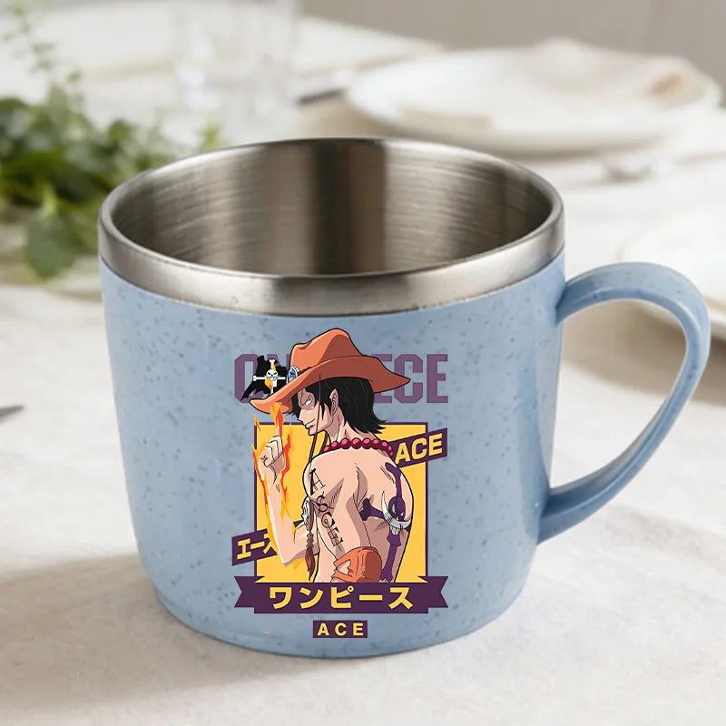 One Piece Double Layer Anti-scalding Stainless Steel Cups Kid Plastic Handle Coffee Milk Mug Luffy Water Cup Home Office Tumbler