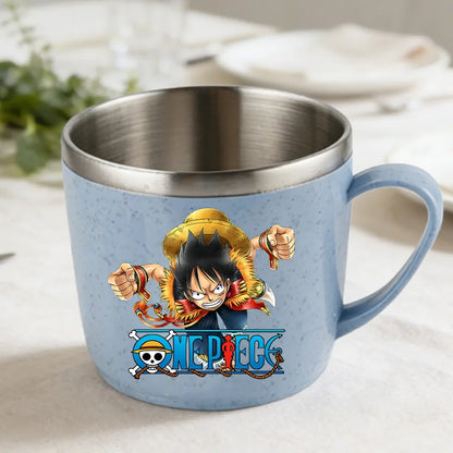 One Piece Double Layer Anti-scalding Stainless Steel Cups Kid Plastic Handle Coffee Milk Mug Luffy Water Cup Home Office Tumbler
