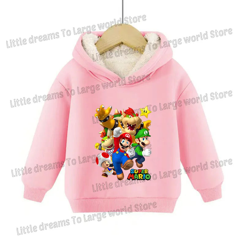 Super Marios Bros Hoodie for Kids Child Sweatshirt Fleece Thick Long-sleeved Clothes Boys Girls Winter Warm Tops Clothing Gifts