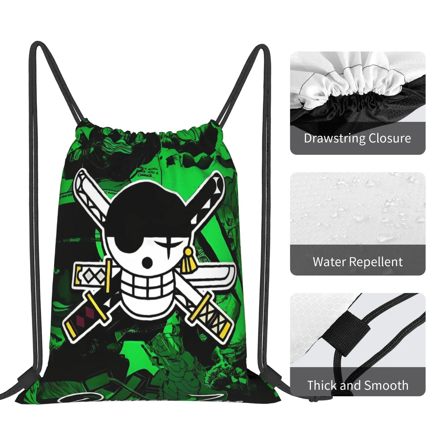 One Piece Zoro Skull Backpack Drawstring Sports Bags Gym Bag Water Resistant  String Sackpack for Exercise