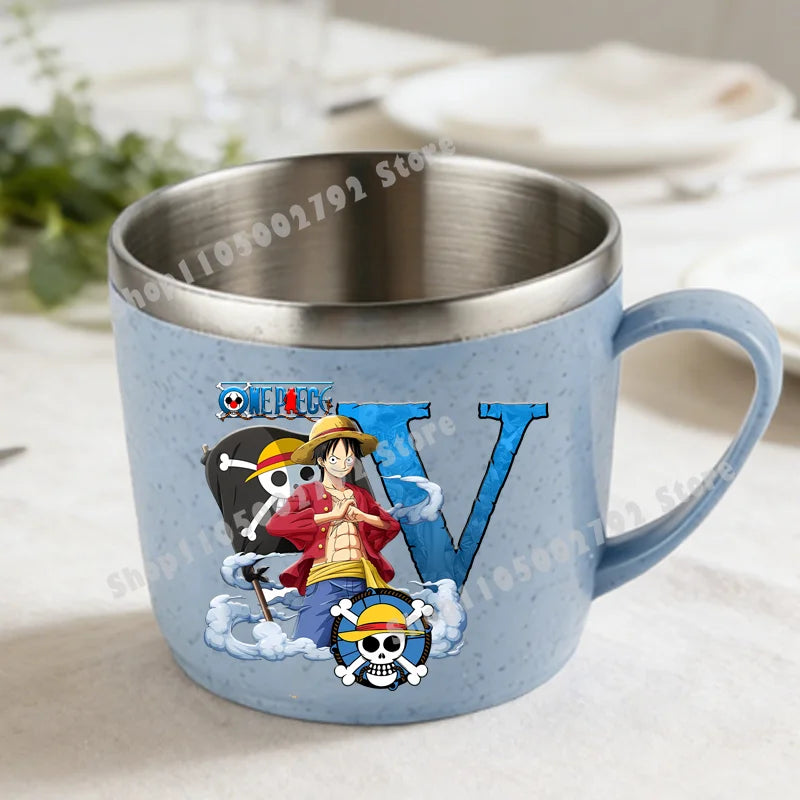 One Piece Double Layer Anti-scalding Stainless Steel Cups Kid Plastic Handle Coffee Milk Mug Luffy Water Cup Home Office Tumbler