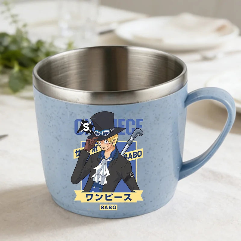 One Piece Double Layer Anti-scalding Stainless Steel Cups Kid Plastic Handle Coffee Milk Mug Luffy Water Cup Home Office Tumbler