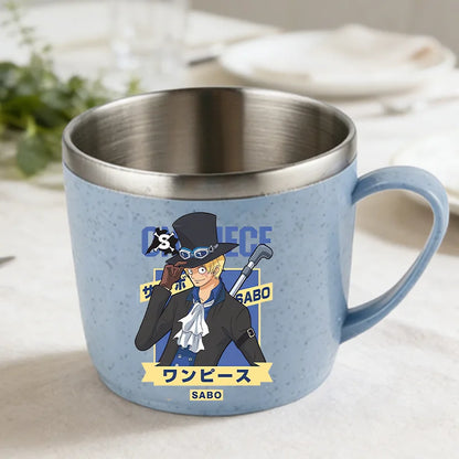One Piece Double Layer Anti-scalding Stainless Steel Cups Kid Plastic Handle Coffee Milk Mug Luffy Water Cup Home Office Tumbler